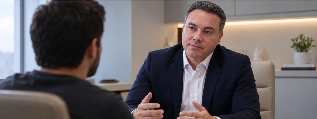 Dr. Carlos Periotto em consulta psiquiátrica individualizada com paciente para avaliação de insônia.